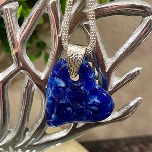HANDMADE FUSED GLASS HEART PENDANT w/SILVER ROPE STYLE NECKLACE-KILN KAT STUDIOS